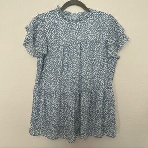 Light Blue Printed Ruffle Sleeve Women’s Top